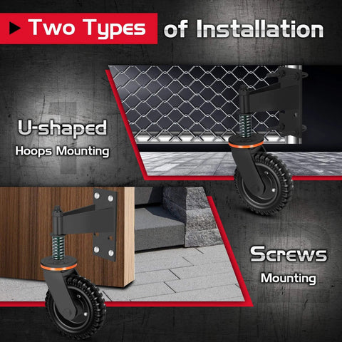 8 inch heavy duty fence gate wheel with spring loaded caster showing U-shaped and screw mounting options.