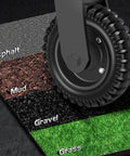 Close-up of 8 inch heavy duty fence gate wheel with spring loaded caster on various surfaces: asphalt, mud, gravel, and grass.