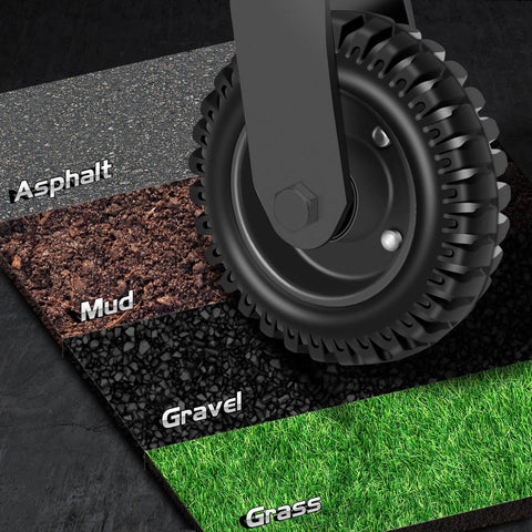 Close-up of 8 inch heavy duty fence gate wheel with spring loaded caster on various surfaces: asphalt, mud, gravel, and grass.