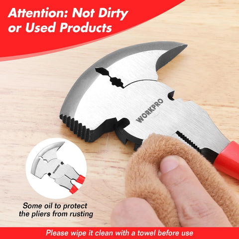 Close-up of Six In One 10 Inch Fencing Pliers Multi Tool For Fence Installation And Repair with cloth for cleaning.
