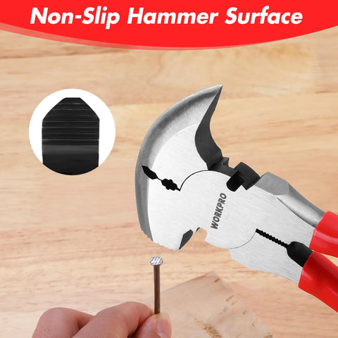 Six In One 10 Inch Fencing Pliers Multi Tool For Fence Installation And Repair, shown in use hammering a nail with its non-slip surface.