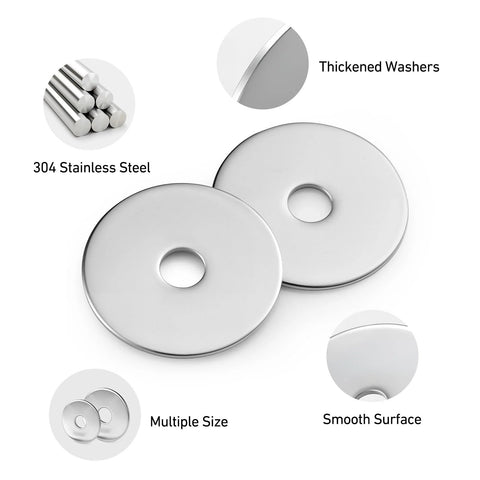 Two 1/4 in ID x 2 in OD stainless steel fender washers, 304 stainless, thickened, smooth surface.
