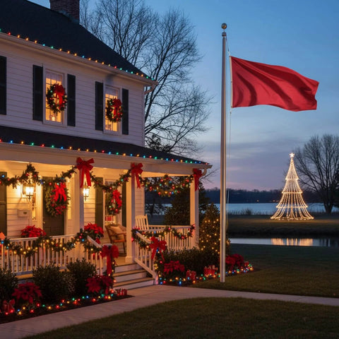 House with festive Christmas decorations and red flag, lights on porch, and glowing outdoor Christmas tree in the yard at twilight