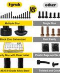 Comparison of Fgruh 2300PCS M3 Screws with nuts kit vs others, highlighting multiple sizes, black zinc plating, and sturdy packaging.