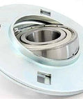 Flange pressed steel bearing with three-bolt mount and self-aligning ball bearing for 1-1/8 inch shafts, ideal for light duty machinery.