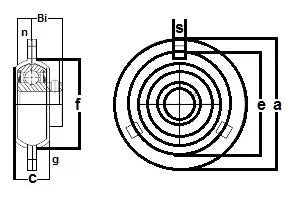 Technical diagram of flange pressed steel bearing, three bolt mount, self-aligning, 1 1/8 inch ID, for light duty equipment.