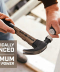 Person holding a Fiberglass 20 Oz Hammer With Smooth Face And Curved Claw, Shock Absorbing MOA Grip, Non Conductive Handle Ideal For Electricians, Carpenters, And Contractors, Lightweight Yet Durable Hammer For Woodworking And Remodeling Projects, ready to use against a surface.