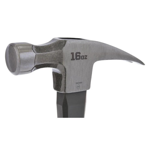Fiberglass Claw Hammer 16 Oz General Purpose With Forged Steel Head ProTouch Grip Smooth Face For Framing Carpentry And DIY Repairs Durable Tool For Construction Projects And Home Improvement Tasks, close-up view of hammer head.