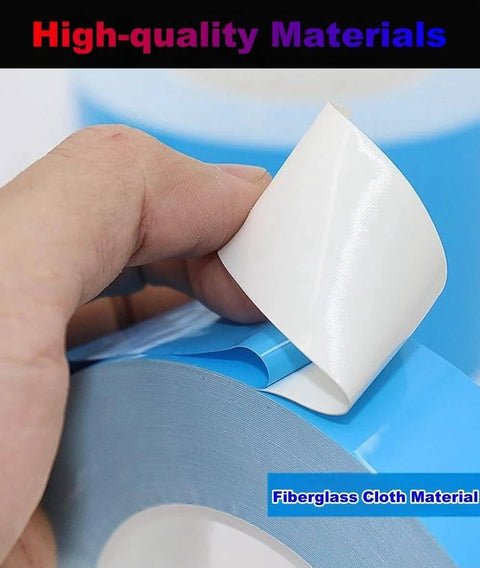 Close-up of 0.5 Inch By 66 Feet Heavy Duty Thermal Double Sided Tape With Industrial Grade Silicone Adhesive For High Heat Perfect For Mounting CPU Heatsinks And Securing LED Light Strips Rugs Woodworking Arts And Crafts And DIY Decor Projects with adhesive backing being peeled off, showing fiberglass cloth material.