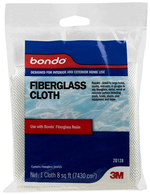 Front view of Bondo Fiberglass Cloth packaging, designed for repairs, compatible with the All-In-One Fiberglass Repair Kit With Resin, Hardener, Cloth, And Tools For Automotive, Marine, And Home DIY Repairs - 0.45 Pint Waterproof Quick Fix Solution.