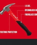 Fiberglass Hammer 20 Ounce With Overstrike Guard And Secure Comfort Grip shown on a red background highlighting features