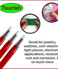 Close-up of Fiberglass Scratch Brush Pen 3 Pack with red handles for jewelry, watch, coin cleaning, and electronic applications.