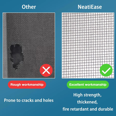 Comparison of adjustable fiberglass window screen mesh kit 48x102 inches; left: damaged screen, right: durable, high-strength mesh.