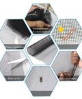 Features of Fiberglass Window Screen And Door Replacement Mesh 48 X 118 Inches, showing washable, flame resistant, and easy to cut qualities.