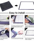Installation steps for Fiberglass Window Screen And Door Replacement Mesh 48 X 118 Inches, with tools and finished screen view.