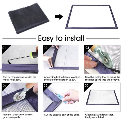 Installation steps for Fiberglass Window Screen And Door Replacement Mesh 48 X 118 Inches, with tools and finished screen view.
