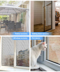 Collage of fiberglass window and door screen mesh installations: patio, sliding door, window, and pet door screens.