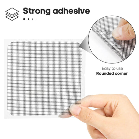 Close-up of 14 Sheets Window Screen Patch Repair Kit in Black with strong adhesive fiberglass tape and rounded corner for easy screen repair.