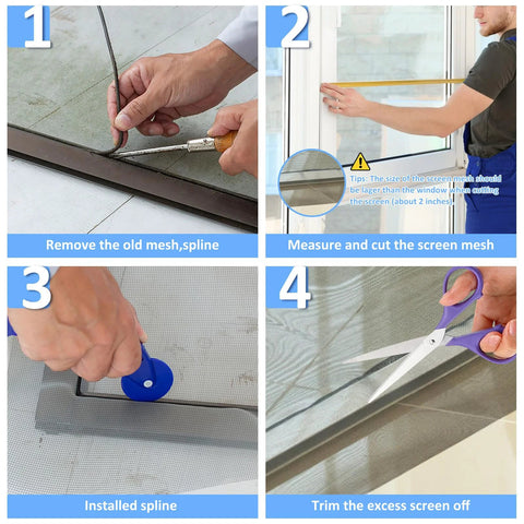 Step-by-step guide to installing 48 X 102 Inch Fiberglass Window Screen Mesh for Windows and Doors, showing removal, measuring, and cutting process.