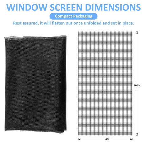 Compact packaging of 48 X 102 Inch Fiberglass Window Screen Mesh for Windows and Doors Replacement Screen Door Mesh Patio Screen Mesh in Black Durable UV Protected Outdoor Screen