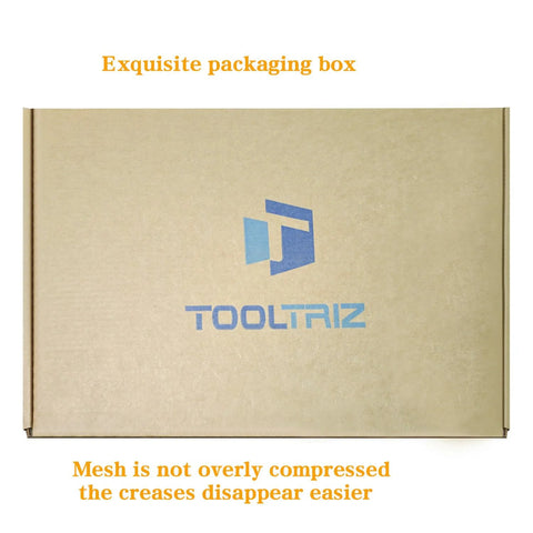 Brown packaging box for Fiberglass Window Screen And Door Replacement Mesh 48 X 118 Inches, showing Tooltriz logo.