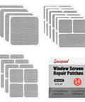 14 Sheets Window Screen Patch Repair Kit in Black with strong adhesive fiberglass tape in three sizes for mesh screen doors