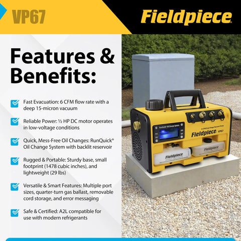 Fieldpiece VP67 portable HVAC vacuum pump with features overview