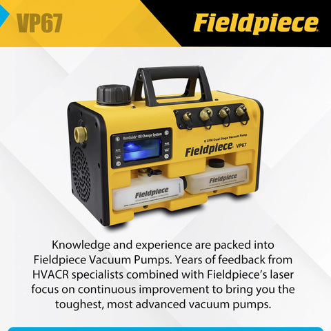 Fieldpiece VP67 portable HVAC vacuum pump with 8 CFM flow, 15 micron vacuum, and 1/2 HP DC motor.