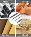 Collage with metal pipes, wooden teapot, leather swatches, and model house, showcasing uses for Premium 17-piece file set in a rugged carry case.