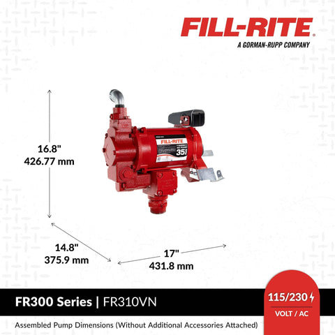 Fill-Rite FR310VN 115V/230V 35 GPM Fuel Transfer Pump dimensions and design shown.