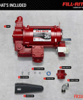 Fill-Rite FR310VN 115V/230V 35 GPM Fuel Transfer Pump shown with accessories including nozzle boot, thread tape, and adapter.