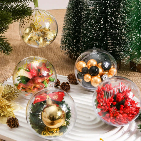 20 PCS Clear Plastic Fillable Balls Ornaments, 3.15 Inch Christmas Ornament Balls with festive decorations inside on display