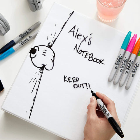 Fine point permanent markers deliver bold, precise lines with quick-drying, odorless ink used on a notebook cover labeled "Alex's Notebook".