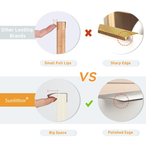 Comparison of Sunlithor concealed finger tab cabinet pulls with polished edge vs other brands with sharp edge.