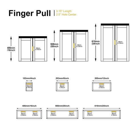Diagram of Edge Finger Tab Cabinet Pulls Pack of 10 Aluminum Hidden Door Handles in Matte Brass showing dimensions and installation sizes.