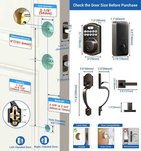 Secure, keyless entry with a lever handle fingerprint door lock set featuring an electronic keypad and autolock, supporting 20 fingerprints, 20 passwords, and 2 keys diagram with dimensions and installation instructions.