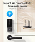 Fingerprint Keyless Entry Front Door Lock With Built In Wi Fi App Remote Control And Physical Key Backup Designed For Easy Home Access IP53 Weatherproof Front Door Deadbolt BHMA Grade 3 Security Long Life Battery Up To Eight Months Model C220 installed on a door