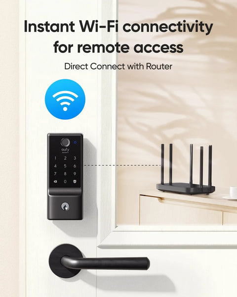 Fingerprint Keyless Entry Front Door Lock With Built In Wi Fi App Remote Control And Physical Key Backup Designed For Easy Home Access IP53 Weatherproof Front Door Deadbolt BHMA Grade 3 Security Long Life Battery Up To Eight Months Model C220 installed on a door