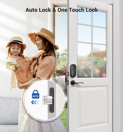 Secure front door access with a 7-in-1 fingerprint smart lock featuring biometric unlock, keypad entry, codes, app control, fobs, eKey sharing, web access, and a mechanical key for dependable, convenient security installed on door