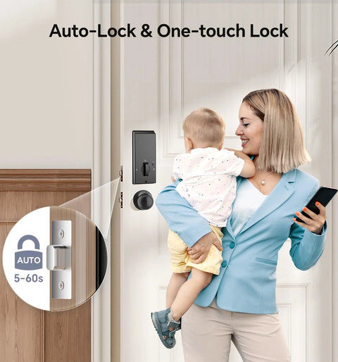 Smart fingerprint keypad deadbolt with handle set delivers keyless entry, rapid 0.3s fingerprint unlock, app control, and auto locking.