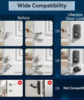 Compatibility chart showing before and after installation of smart fingerprint keypad deadbolt with handle set, matte black, on white doors.