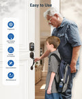 Secure, keyless entry with a lever handle fingerprint door lock set featuring an electronic keypad and autolock installed on door.