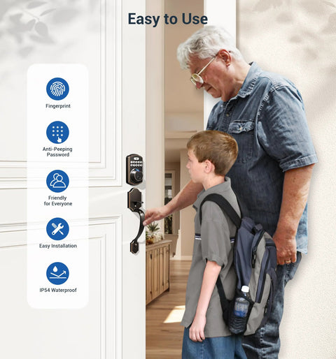 Secure, keyless entry with a lever handle fingerprint door lock set featuring an electronic keypad and autolock installed on door.
