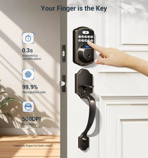 Secure, keyless entry with a lever handle fingerprint door lock set featuring an electronic keypad and autolock