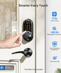 Secure front door access with a 7-in-1 fingerprint smart lock featuring biometric unlock, keypad entry, codes, app control, installed on door