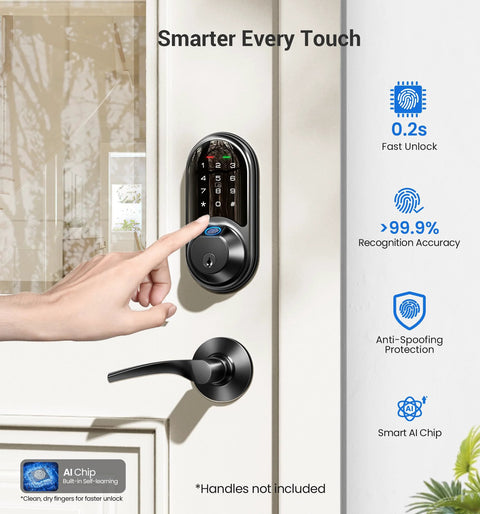 Secure front door access with a 7-in-1 fingerprint smart lock featuring biometric unlock, keypad entry, codes, app control, installed on door