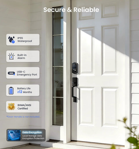 Experience effortless security with an 8-in-1 fingerprint smart lock featuring app control installed on white front door.