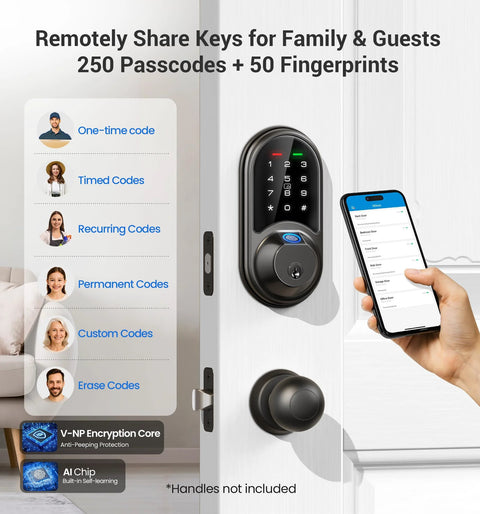 Secure front door access with a 7-in-1 fingerprint smart lock featuring biometric unlock, keypad entry, codes, app control.