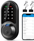 Secure front door access with a 7-in-1 fingerprint smart lock featuring biometric unlock, keypad, and app interface displayed