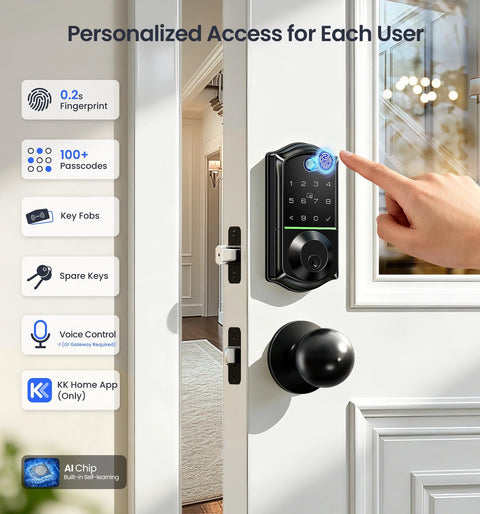 Experience effortless security with an 8-in-1 fingerprint smart lock featuring app control and touchscreen keypad on a door